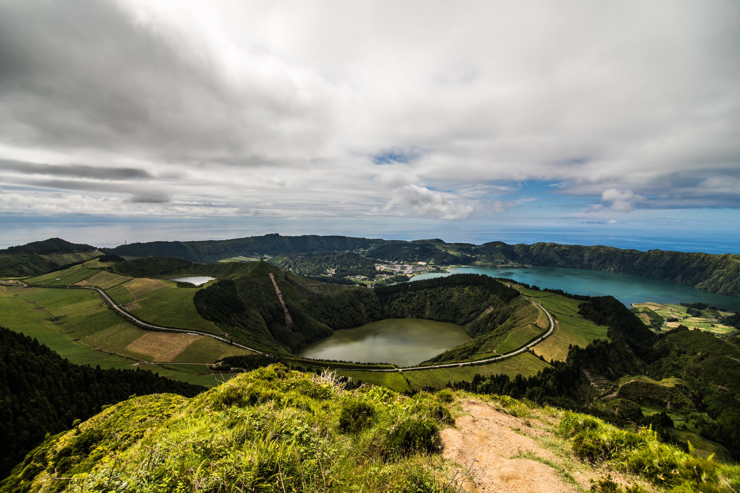 walking path to a view on the lakes of sete cidades, azores island, portugal